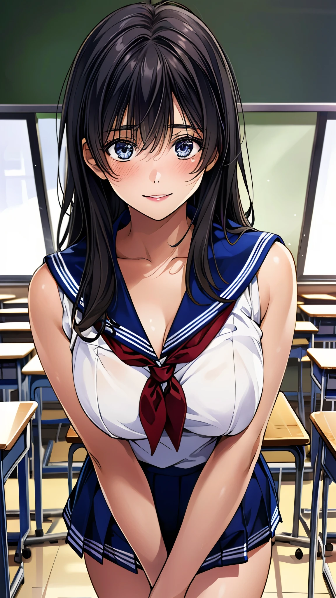 (masterpiece:1.2, top-quality, ultra high res, ultra detailed), (realistic, photorealistic:1.2), beautiful illustration, perfect lighting, natural lighting, colorful, depth of fields, nsfw, vulgality, 
beautiful detailed hair, extremely detailed face, beautiful detailed eyes, beautiful clavicle, beautiful body, beautiful chest, beautiful thigh, beautiful legs, beautiful fingers, 
looking at viewer, 1 girl, kitamurakaori, (perfect anatomy, anatomically correct, super detailed skin), cute and symmetrical face, 
perfect face, perfect eyes, perfect body, perfect fingers, (skindentation), white skin, shiny skin,  
(long hair, straight hair, messy hair:0.6, black hair), swept bangs, blue eyes, drooping eyes, long eyelashes, (large breasts, large hip, seductive thighs), slender, outstanding style, 
(detailed cloth texture), short sleeve, blue sailor suit, pleated skirt, red sailor scarf, school bug, 
(beautiful scenery), evening, (classroom:1.2), standing, (smile, parted lips), 