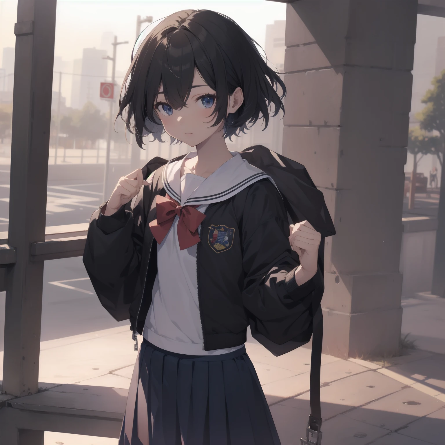 ultra-absurdres-Top quality by artist God, ultra-detailed, high resolution, anime moe artstyle, best anime 8k konachan wallpaper, pixiv contest winner, pool:2810, perfect anatomy,break, 1girl, (Please draw a girl walking sleepily to school alone. )break,(Solo,little female, 13-year-old:1.3),Full limbs, complete fingers,a junior high school student, (very short hair), short cut, flat chest, , small butt, small black eyes, beautiful detailed eyes, well-proportioned iris and pupils, expressive eyes, highres detailed hair, soft expression, salor school_uniform, sailor collar, serahuku, bow, pleated skirt,(Detailed Lighting), (Detailed background), in the School commute route. break,super detailed skin, Best cinematic lighting powered by famous artist, 8k,beauty illustration,photoshop_(medium),very aesthetic,break,((artist:minami_(colorful_palette) )), artist:clamp ,artist:carnelian ,artist:kantoku ,