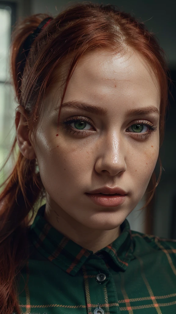 One gorgeous woman, 25 years old, red hair in a short ponytail, beautiful detailed green eyes, beautiful detailed lips, extremely detailed face and skin, dressed in a red and black plaid shirt, raw foto, best quality, soft lighting, realistic, hyper realistic foto, detailed face, beautiful facial features, attractive face, cinematic foto, 4k, hdr