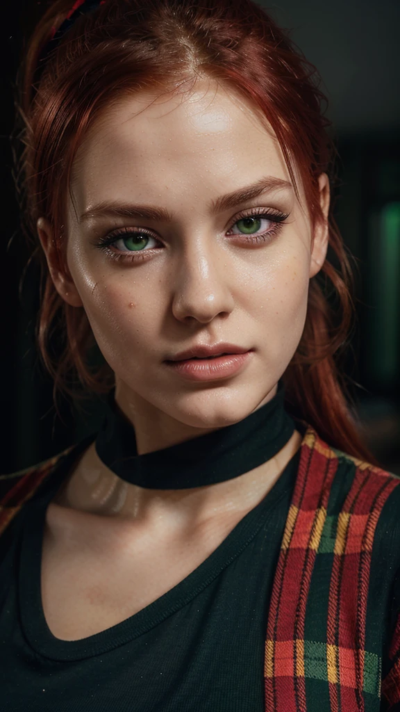 One gorgeous woman, 25 years old, red hair in a short ponytail, beautiful detailed green eyes, beautiful detailed lips, extremely detailed face and skin, dressed in a red and black plaid shirt, raw foto, best quality, soft lighting, realistic, hyper realistic foto, detailed face, beautiful facial features, attractive face, cinematic foto, 4k, hdr