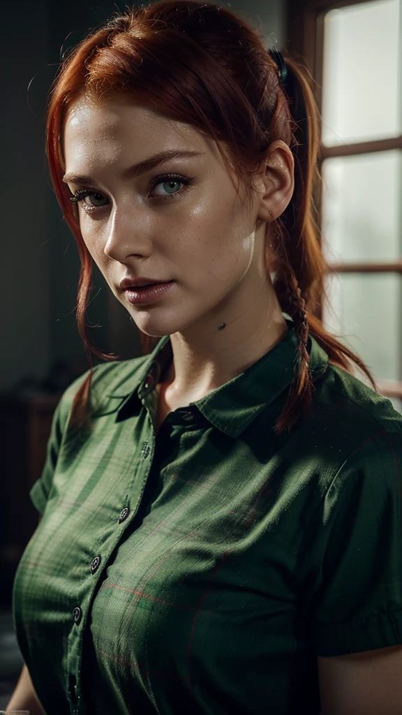 One gorgeous woman, 25 years old, red hair in a short ponytail, beautiful detailed green eyes, beautiful detailed lips, extremely detailed face and skin, dressed in a red and black plaid shirt, raw foto, best quality, soft lighting, realistic, hyper realistic foto, detailed face, beautiful facial features, attractive face, cinematic foto, 4k, hdr