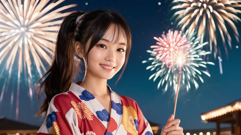 kawaii, (1girl), (happy smile:1.2), (yukata), Ponytail, (Best Quality:1.4), Realistic, extremely detailed CG unified 8k wallpaper, highly detailed, High-definition raw color photos, professional photography, Realistic portrait, Beautiful detailed, Close up portrait of girl, Outdoors, Beautiful scenery, beach, (The night sky, fireworks, beautiful fireworks spreading across the sky:1.4), so beautiful, upper body photos, amazingly beautiful sight, A wonderful, (Fine face:1.2),