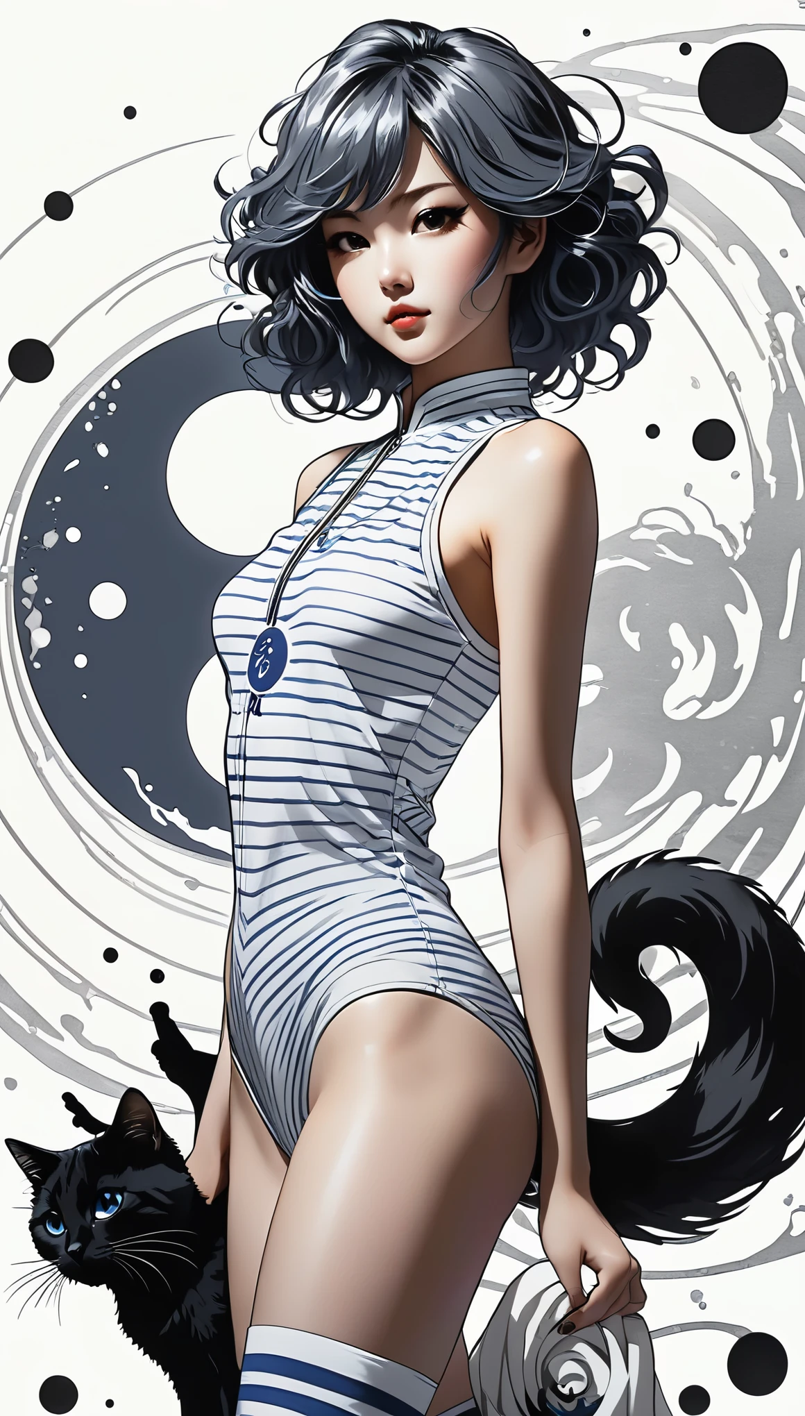 (Pencil_Sketch:1.2、Messy Lines、grayscale、Traditional Media、sketch)、girl、Striped Hair、Striped Hair、Blue and white porcelain bodysuit、Black and white yin yang tai chi background、Gang Girl、Backlight、Deep Shadow、Cat silhouette light、Attractive bodysuit design、Minimalist Style、yin yang style、Ink splash style background。、Chiaroscuro、Shining Light、Backlight、Motion Lines、Carl Larson、uhd、Anatomically correct、masterpiece、retina、uhd、masterpiece