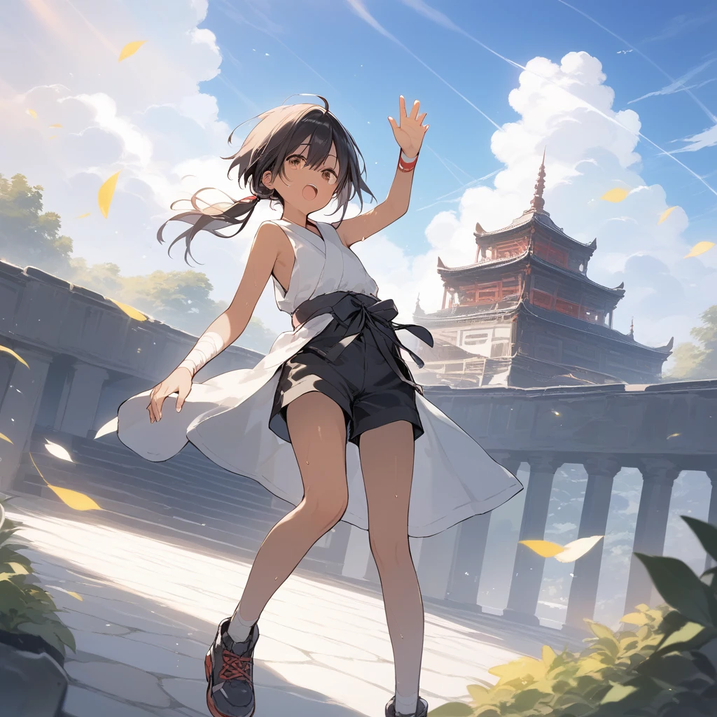 score_9, score_8_up, score_7_up, source_anime, best quality, masterpiece, official art, absurdres, highres, ultra-detailed,waifu2x,Collection: Slice of Life,break,1girl, tomboy, dark-skinned female, short hair, low ponytail, flat chest, beautiful detailed eyes, ninja, shorts, sweat, open mouth, (yawn:0.3), sleepily, outdoors, japanese castle, wind,break,(clear line illustration:1.2), super detailed skin,very high resolution, very aesthetic, Best sexual lighting powered by famous artist, 8k,cute picture,beauty illustration,photoshop_(medium),,(Detailed Lighting),best anime 8k konachan wallpaper, pixiv contest winner,
