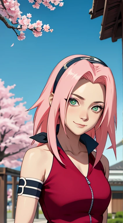 masterpiece， The best quality at the best.， 1 girl， Sakura Haruno， big breasts，Off the shoulder clothing，（neckline)，（Closeup of upper body)，Sexy servant，Is shy，smile，with pink hair， long white hair， （Green eyeballs:1.4)， forehead protection， The cherry trees，Flying cherry blossoms，Red clothes，half zipper