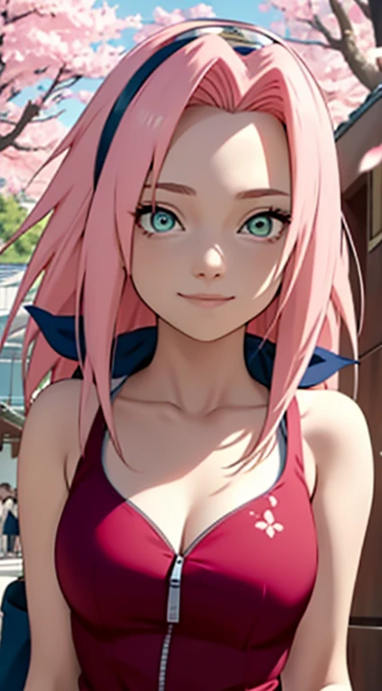 masterpiece， The best quality at the best.， 1 girl， Sakura Haruno， big breasts，Off the shoulder clothing，（neckline)，（Closeup of upper body)，Sexy servant，Is shy，smile，with pink hair， long white hair， （Green eyeballs:1.4)， forehead protection， The cherry trees，Flying cherry blossoms，Red clothes，half zipper