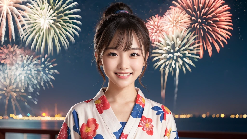 kawaii, (1girl), (happy smile:1.2), (yukata), Ponytail, (Best Quality:1.4), Realistic, extremely detailed CG unified 8k wallpaper, highly detailed, High-definition raw color photos, professional photography, Realistic portrait, Beautiful detailed, Close up portrait of girl, Outdoors, Beautiful scenery, beach, (The night sky, fireworks, beautiful fireworks spreading across the sky:1.4), so beautiful, upper body photos, amazingly beautiful sight, A wonderful, (Fine face:1.2),