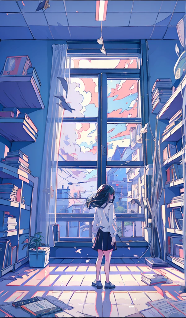 (One Girl), 20-year-old, Detailed explanation, Black-haired, Hair length, (White underwear), White shirt, In front of a large window, (Standing at the window), play the guitar, Backward view, Inside the room, Hardwood Floors, Bookshelf, Foliage plant, Big cloud outside the window, Portrait,sunset