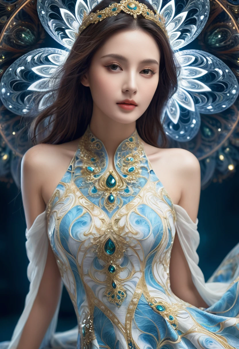  A beautiful woman dressed in fractal style clothing，Background decorated with fractal elements, Exudes a mysterious and fascinating atmosphere. The intricate fractal pattern on her dress complements the mesmerizing fractal decorations in the background., Creates a mesmerizing and ethereal atmosphere. The fusion of fractal elements adds a touch of complexity and charm to the scene, Enhance the overall beauty and mystery of women. This visually captivating image evokes a sense of wonder and fascination, Let the audience enter a world full of complex patterns and mysterious charm