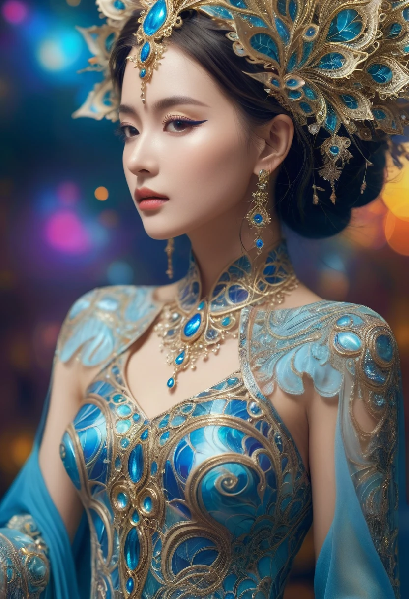  A beautiful woman dressed in fractal style clothing，Background decorated with fractal elements, Exudes a mysterious and fascinating atmosphere. The intricate fractal pattern on her dress complements the mesmerizing fractal decorations in the background., Creates a mesmerizing and ethereal atmosphere. The fusion of fractal elements adds a touch of complexity and charm to the scene, Enhance the overall beauty and mystery of women. This visually captivating image evokes a sense of wonder and fascination, Let the audience enter a world full of complex patterns and mysterious charm