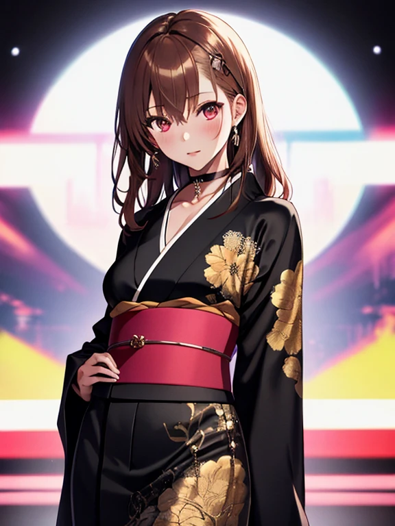 Long-sleeved kimono, Runway, Fashion Model, Misaka Mikoto, 1girl, black choker, uhd, retina, masterpiece, ccurate, anatomically correct, textured skin, super detail, high details, high quality, best quality, highres, 4K
