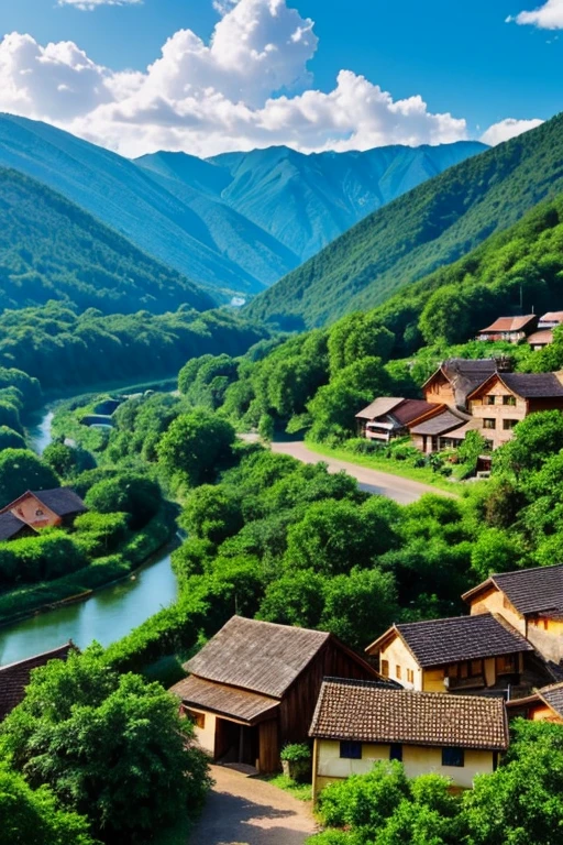 lovely village, beautiful forest blended into the village, wonderful blue and cloudy sky