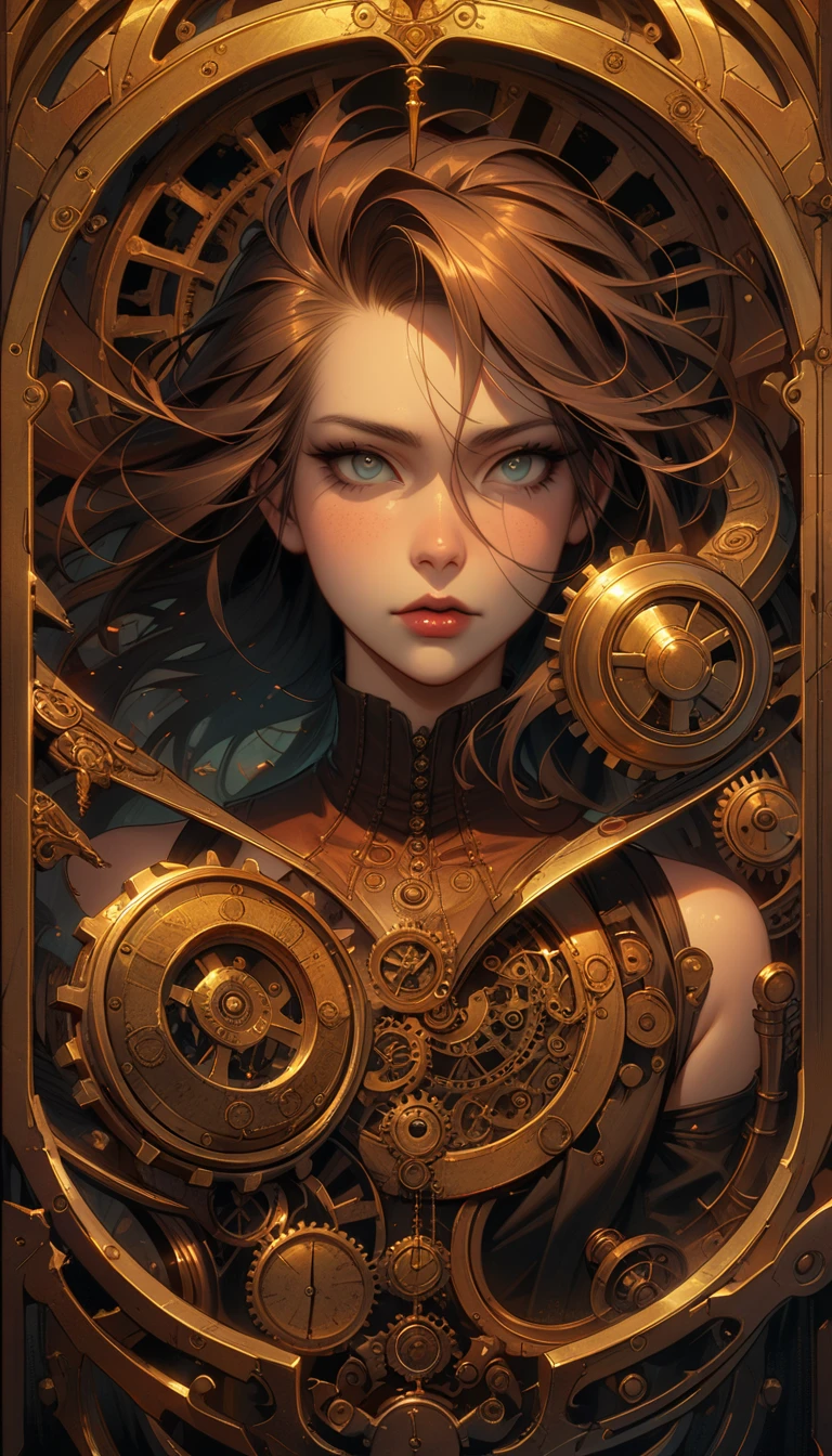 ((best quality)) , ((masterpiece)) , (detailed),Jean-Joseph Benjamin-Constant, Glowwave, Photograph, Jake Parker, Alan Davis, Hipster Art, Cleancore, Art Deco Girl, Monstrous and Boring, Swirling, Metalcore, Film Washi, portrait art by Stanisław Ignacy Witkiewicz, detailed, intricate, background inspired, luxury, pure,(((steampunk style . antique, mechanical, brass and copper tones, gears, intricate, detailed)))