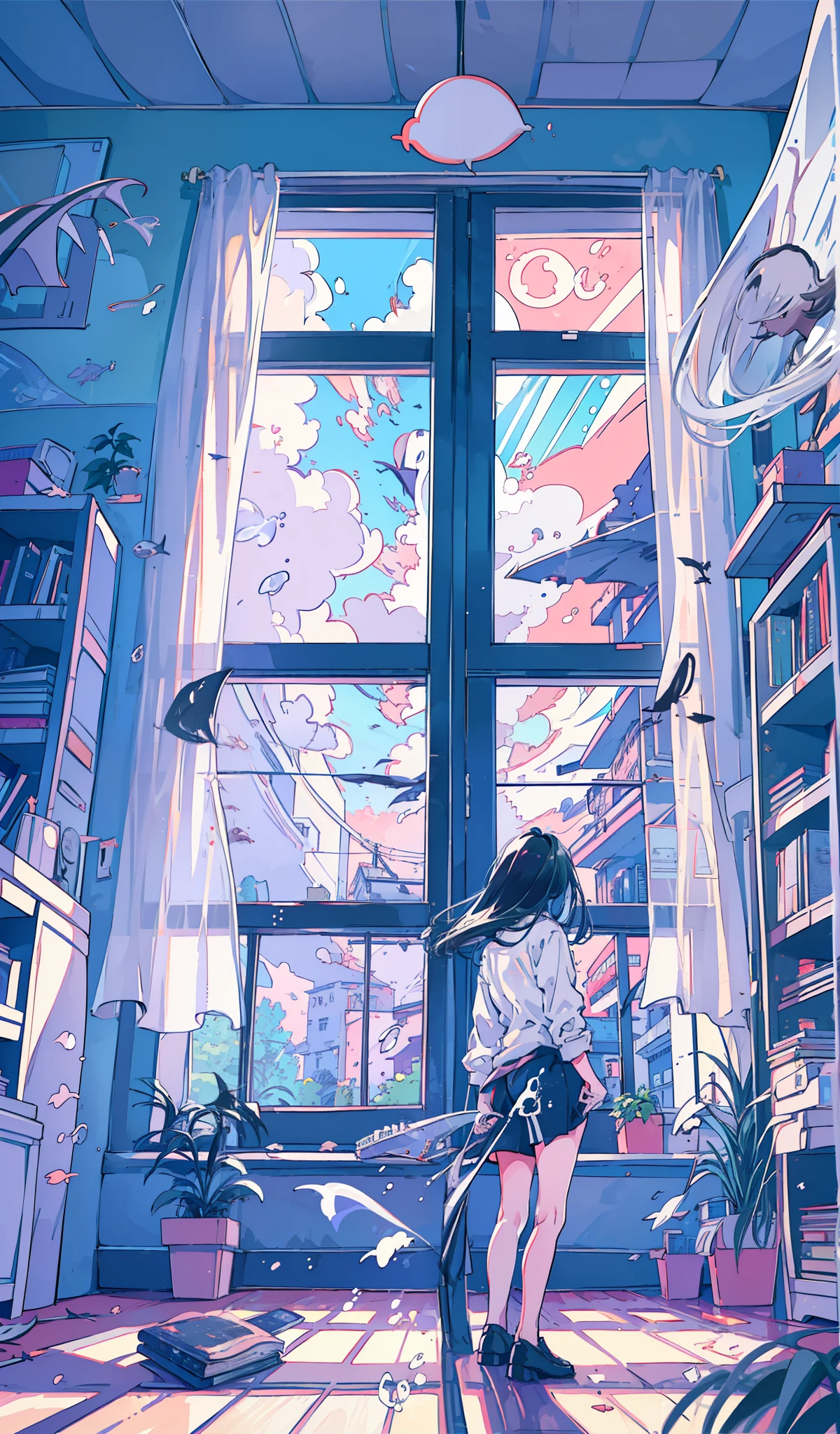 (One Girl), 20-year-old, Detailed explanation, Black-haired, Hair length, (White underwear), White shirt, In front of a large window, (Standing at the window), play the guitar, Backward view, Inside the room, Hardwood Floors, Bookshelf, Foliage plant, Big cloud outside the window, Portrait,sunset