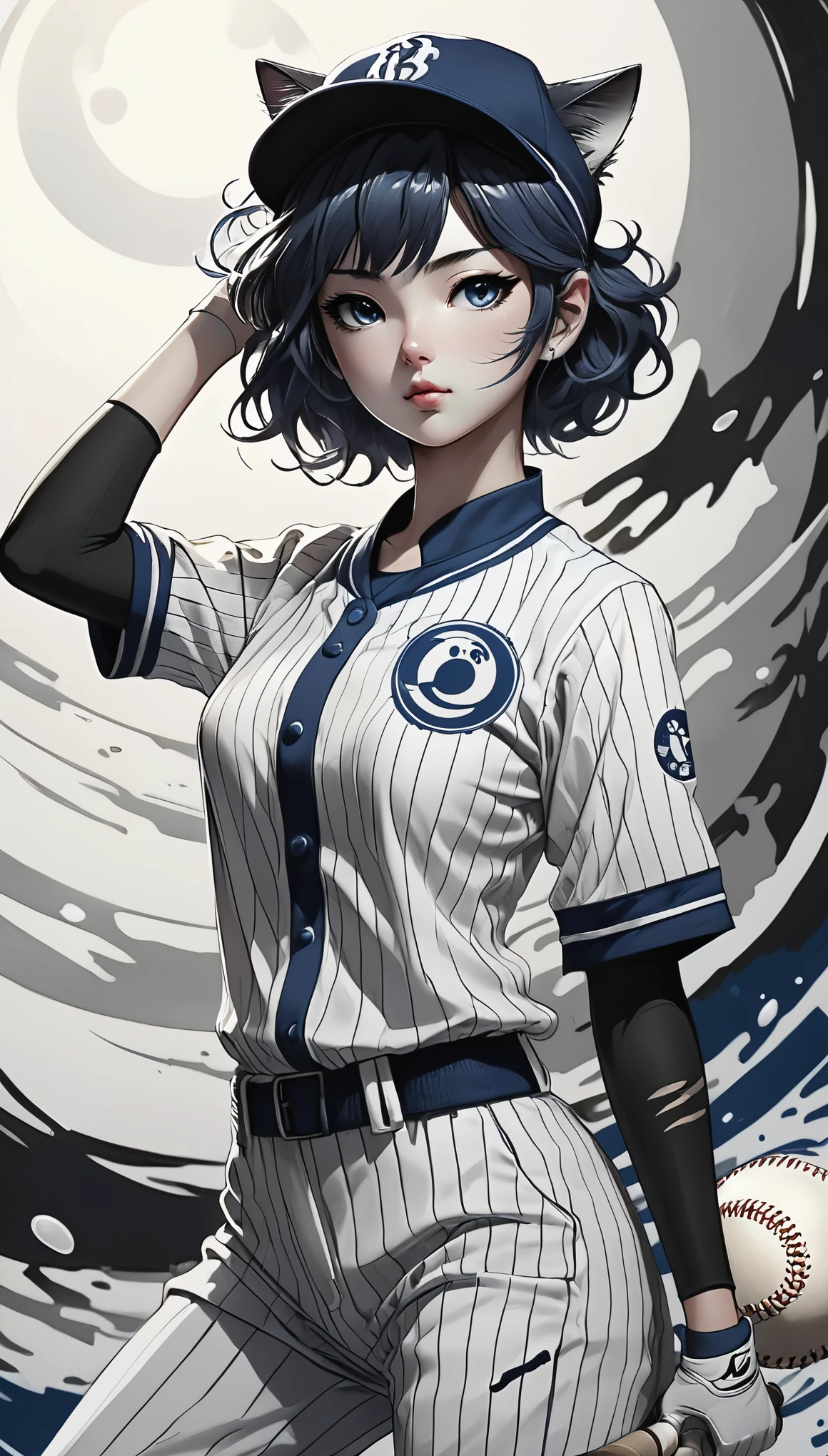 (Pencil_Sketch:1.2、Messy Lines、grayscale、Traditional Media、sketch)、girl、Striped Hair、Striped Hair、Blue and white porcelain baseball uniform、Black and white yin yang tai chi background、Gang Girl、Backlight、Deep Shadow、Cat silhouette light、Attractive baseball uniform designinimalist Style、yin yang style、Ink splash style background。、Chiaroscuro、Shining Light、Backlight、Motion Lines、Carl Larson、uhd、Anatomically correct、masterpiece、retina、uhd、masterpiece