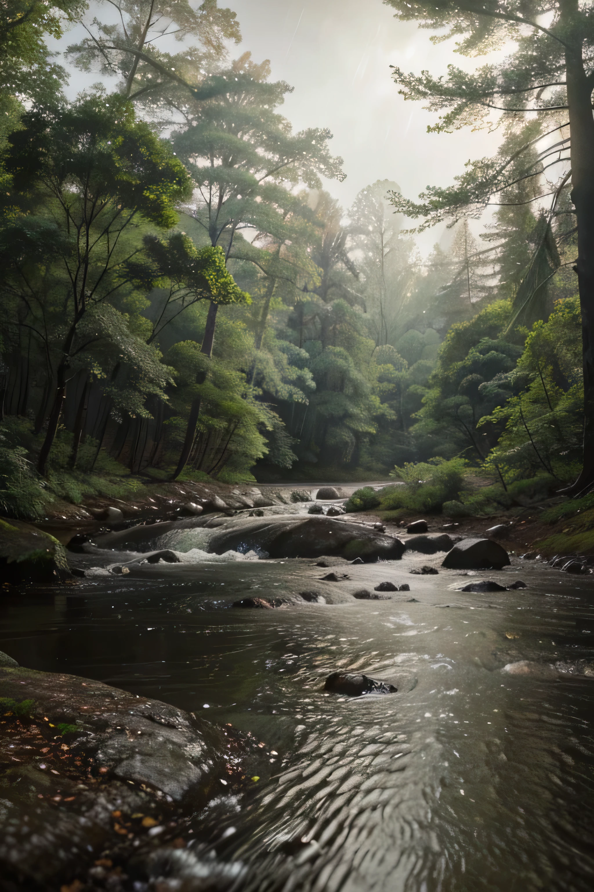 Arafed view of a stream in a forest with rocks and trees - SeaArt AI