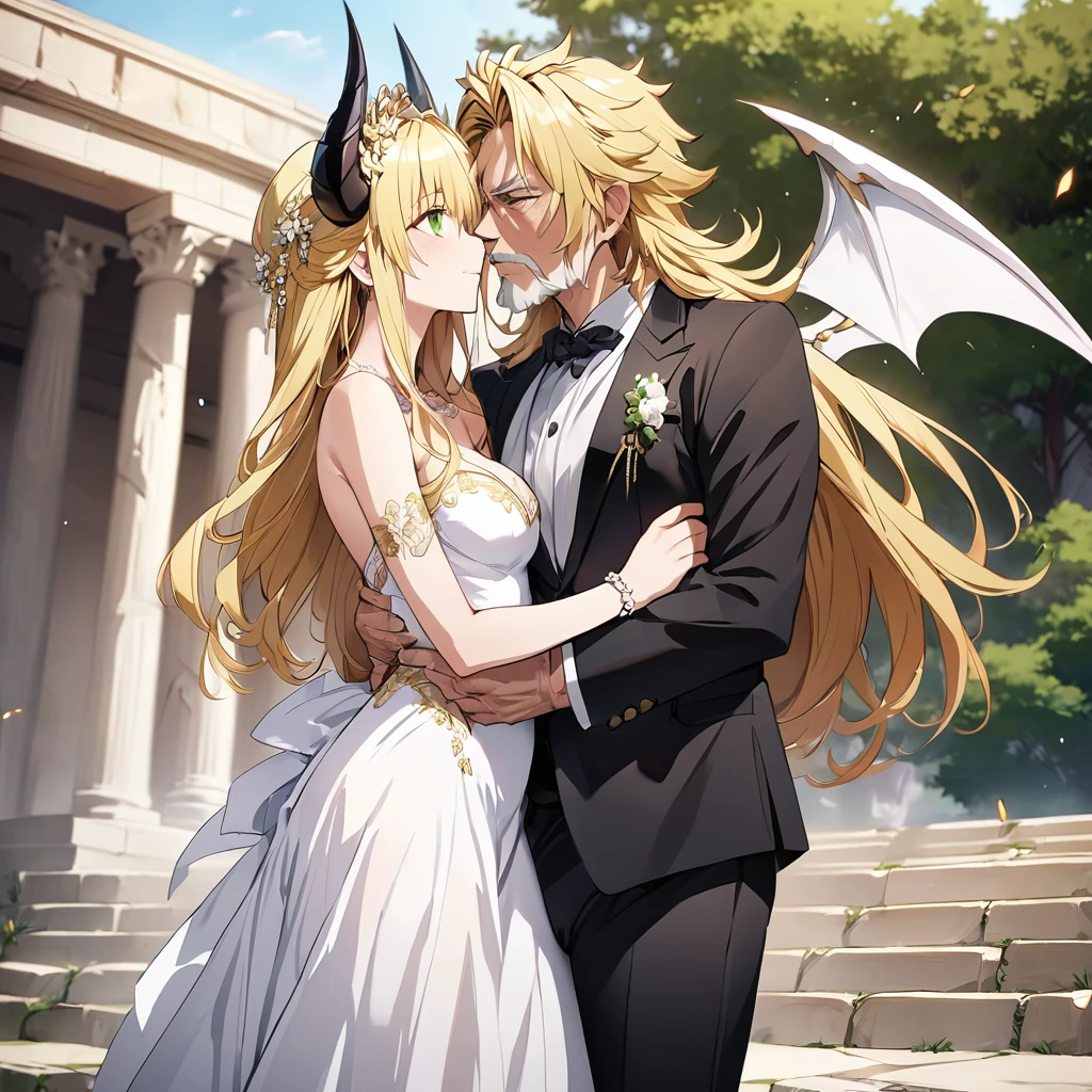 ((Highest quality)), ((masterpiece)), (detailed), (Perfect Face)、The woman was a beautiful, jet-black demon named Tiare, with green eyes and medium-long blonde hair. She was wearing a pure white wedding dress and wedding veil with gorgeous gold embroidery and trim, an engagement ring, and gorgeous accessories. She was a beautiful, elegant demon with gorgeous decorations and jewels.々Wife of Zeus, King of、She is a beautiful, jet-black-skinned demon with magnificent devil horns, devil wings, and a devil tail, walking side by side with a man in a Greek temple, embracing him, kissing him, and getting married.、Zeus is a powerful and dignified old man in a Doric chiton, a god of Greek mythology.々King of the Elders and God of the Elders、The man and the woman are hugging each other, kissing each other and celebrating their wedding.