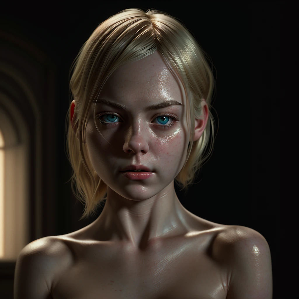 realistic nude portrait of Gwen Stacy, detailed facial features, beautiful eyes, elegant expression, delicate skin, natural lighting, cinematic composition, high resolution, photorealistic, octane render, chiaroscuro lighting, moody atmosphere, sensual yet tasteful, intricate details