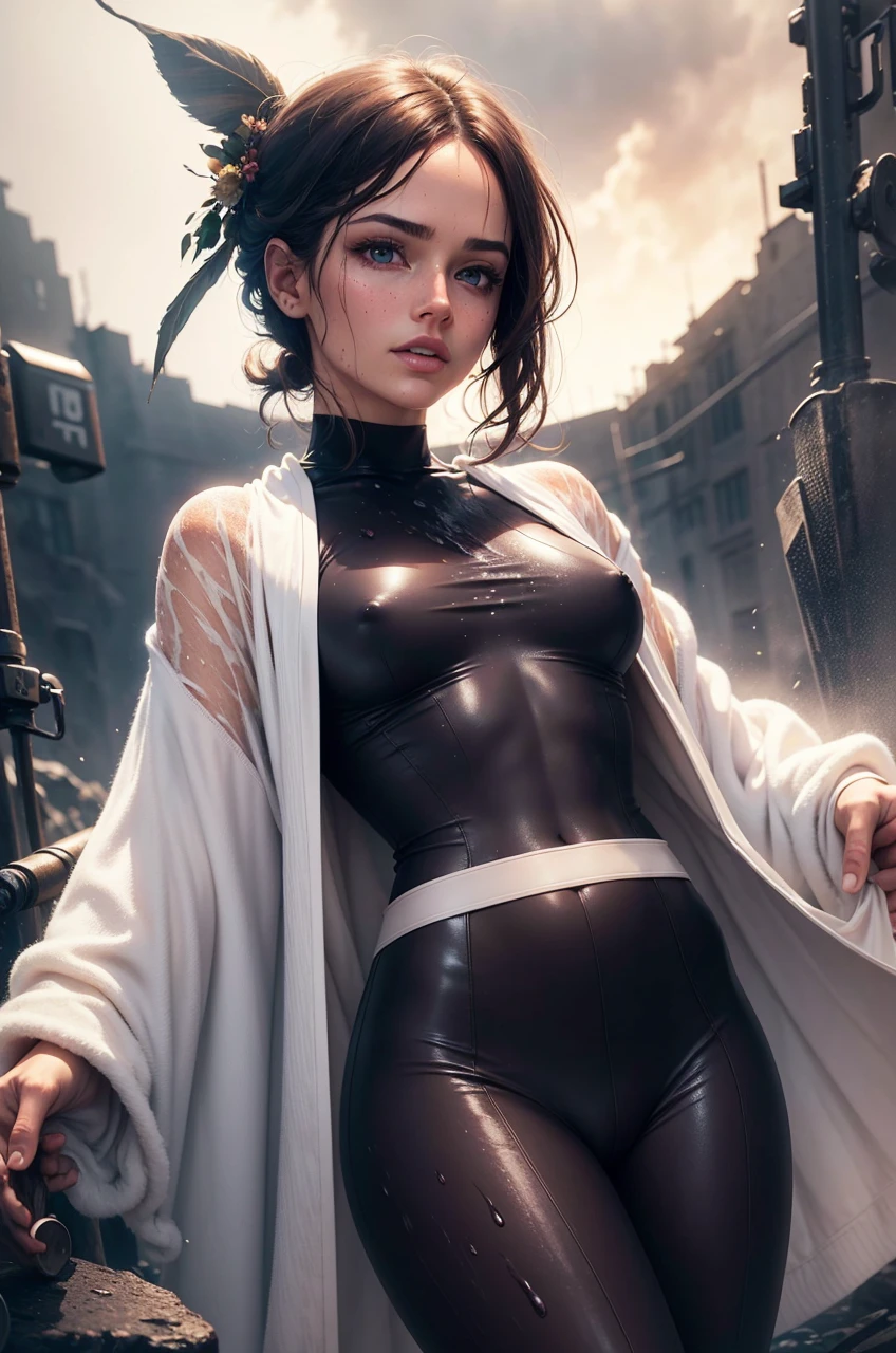 The world's sexiest beautiful beauty, flesh-colored tights, soaked all over, cinematic texture, best quality, movie poster, soft lighting, warm colors,