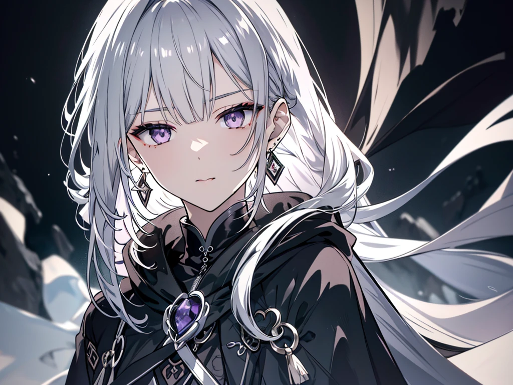 8k,High resolution RAW color art,Anime Art, (((Very detailed and cool))), Detailed skin, Blur、texture,(Exquisitely crafted, The finer details, Ultra-detailed art), (((One boy))), Depth of written boundary, Silky Touch, Hyper Detail, (((Cool face))), eye shadow、Silver Marble Skin, Beautifully detailed purple eyes, Beautiful lip detail, Very delicate face, Delicate depiction of hair and eyes, Detailed Fashion, Silver earrings,Silver Bracelet、Full body depiction, Black high neck、black waist cloak、 A little bit of grey hair、Semi-long hair、(((Hair)))、water surface、silk clotheatte、Soft clothes、cool