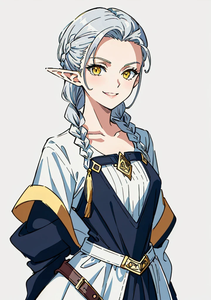 ophelia(claymore),1girl,Solo,fantasy,white skin,silver hair,show the forehead ,((slicked back hair)),((hair pulled back)),(single braid),(long braid),(large braid),yellow eyes,white bodysuit,collarbone,knight outfit,naughty smile,smirk,((simple background)),gray background,old school fantasy art,elf