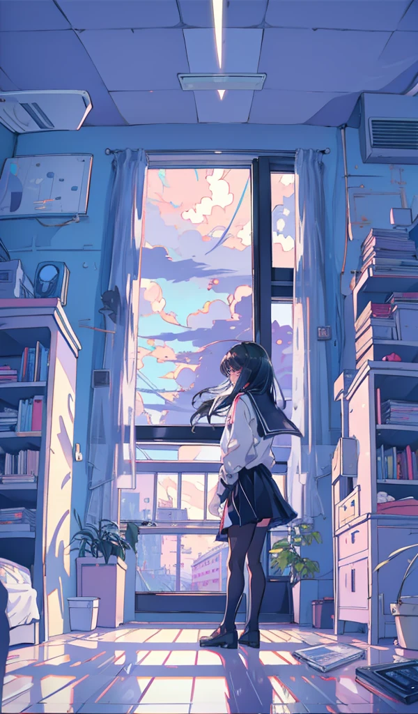 (One Girl), 20-year-old, Detailed explanation, Black-haired, Hair length, (White underwear), White shirt, In front of a large window, (Standing at the window), play the guitar, Backward view, Inside the room, Hardwood Floors, Bookshelf, Foliage plant, Big cloud outside the window, Portrait,sunset,rooftop、School、Schoolyard、null