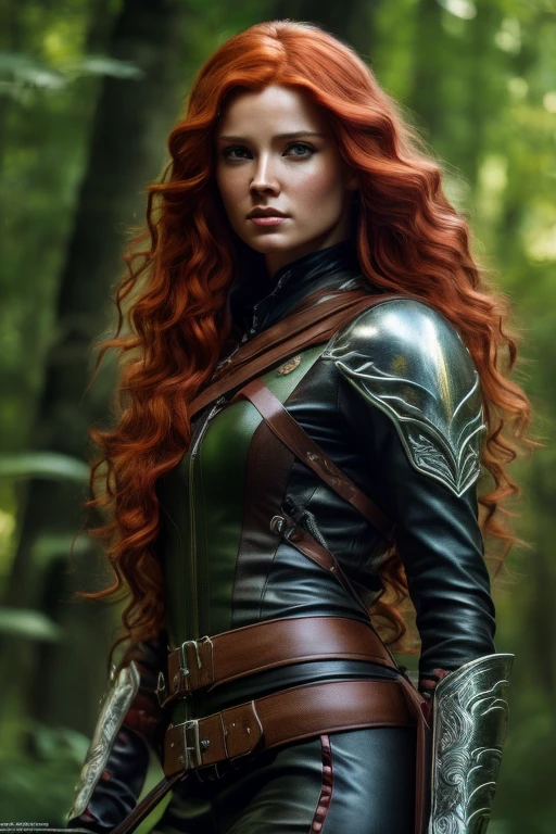 A beautiful female archer with long flowing red hair, wearing a tight-fitting leather outfit, carrying a quiver of arrows on her back, standing in a lush forest environment, (best quality, 4k, 8k, highres, masterpiece:1.2), ultra-detailed, (realistic, photorealistic, photo-realistic:1.37), extremely detailed face and eyes, HDR, UHD, studio lighting, ultra-fine painting, sharp focus, physically-based rendering, extreme detail description, professional, vivid colors, portraits, fantasy, cinematic lighting, dramatic, intricate details