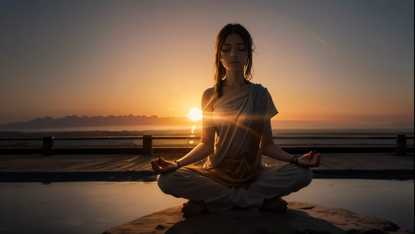 "A person meditating in front of a horizon illuminated by the rising sun, with subtle symbols of a path guided by a greater purpose."
