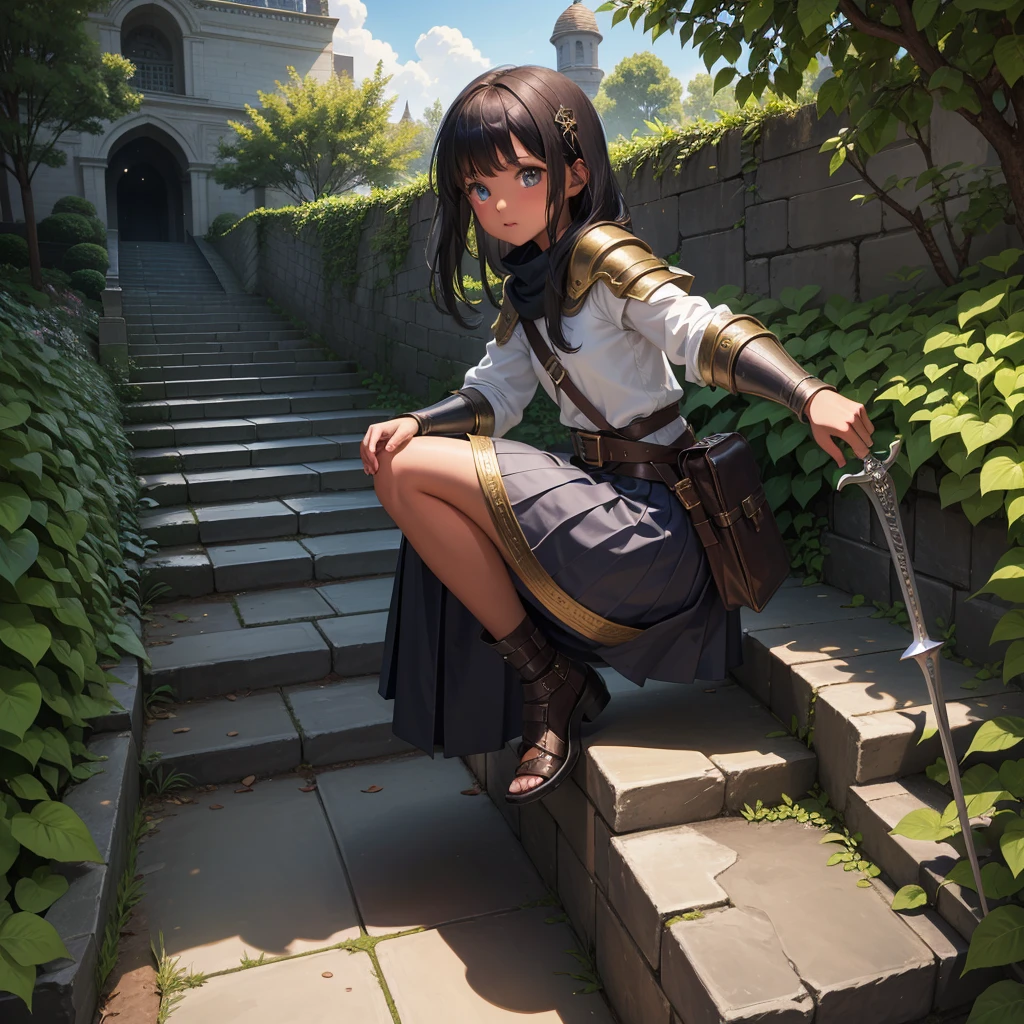 最high quality、high quality、10 years old、Girl Adventurer、Climb the maze stairs、Leather Armor、Long skirt、Equipped with a dagger and a shield、