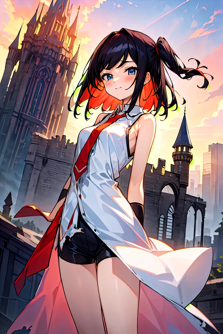 (masterpiece:1.2), (high quality:1.2), girls with((1girl, solo, black hair, blue eyes, smiling, blush, (medium hair, right swept bangs, one side up:1.55), bare shoulders, blush, breasts, cowboy shot, white shirt, chinese shirt dress, white cheongsam, sleeveless, (collared shirt, red necktie:1.45), black armwarmers, elbow armwarmers, long dress, (open dress:1.34), black shorts, bare legs, stands)), background with((fantasy world, ruin, castle, beautiful sky, shining sky, sunshine:1.35))