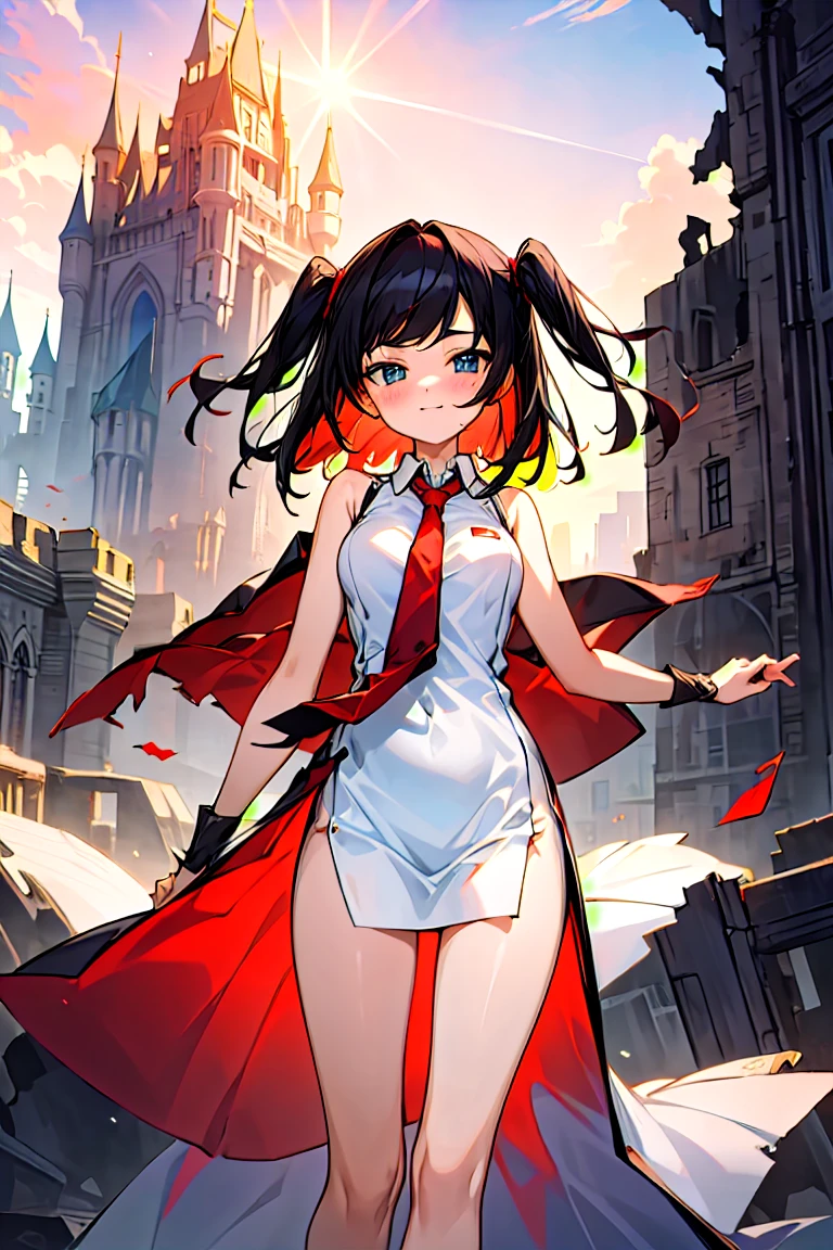 (masterpiece:1.2), (high quality:1.2), girls with((1girl, solo, black hair, blue eyes, smiling, blush, (medium hair, right swept bangs, one side up:1.55), bare shoulders, blush, breasts, cowboy shot, white shirt, chinese shirt dress, white cheongsam, sleeveless, (collared shirt, red necktie:1.45), black armwarmers, elbow armwarmers, long dress, (open dress:1.34), black shorts, bare legs, stands)), background with((fantasy world, ruin, castle, beautiful sky, shining sky, sunshine:1.35))