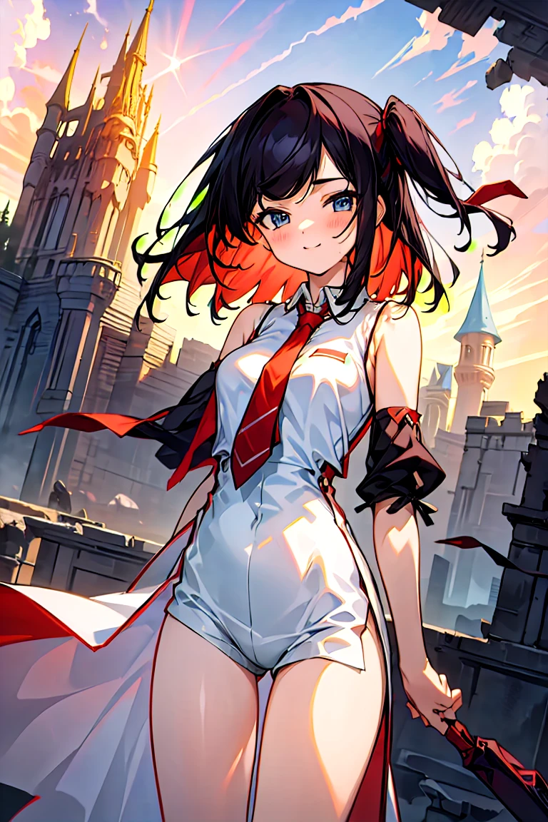 (masterpiece:1.2), (high quality:1.2), girls with((1girl, solo, black hair, blue eyes, smiling, blush, (medium hair, right swept bangs, one side up:1.55), bare shoulders, blush, breasts, cowboy shot, white shirt, chinese shirt dress, white cheongsam, sleeveless, (collared shirt, red necktie:1.45), black armwarmers, elbow armwarmers, long dress, (open dress:1.34), black shorts, bare legs, stands)), background with((fantasy world, ruin, castle, beautiful sky, shining sky, sunshine:1.35))