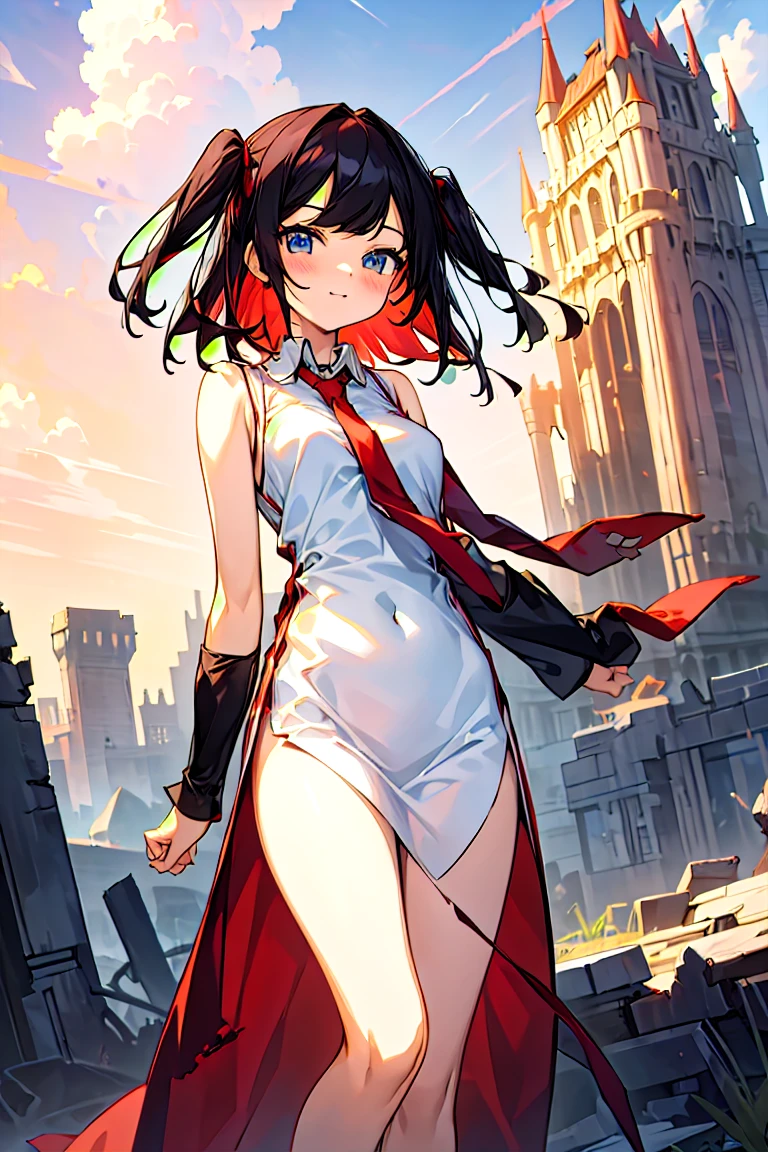 (masterpiece:1.2), (high quality:1.2), girls with((1girl, solo, black hair, blue eyes, smiling, blush, (medium hair, right swept bangs, one side up:1.55), bare shoulders, blush, breasts, cowboy shot, white shirt, chinese shirt dress, white cheongsam, sleeveless, (collared shirt, red necktie:1.45), black armwarmers, elbow armwarmers, long dress, (open dress:1.34), black shorts, bare legs, stands)), background with((fantasy world, ruin, castle, beautiful sky, shining sky, sunshine:1.35))