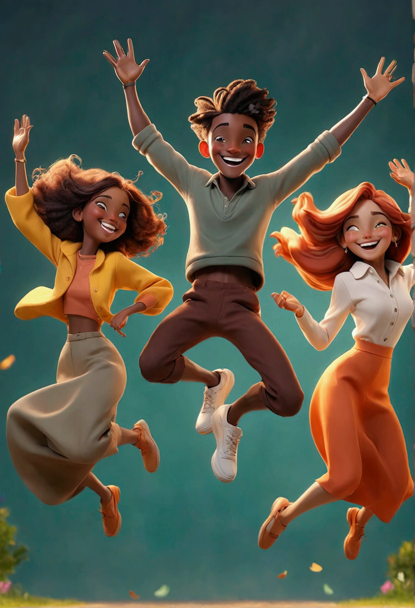 Smiling men and women jumping