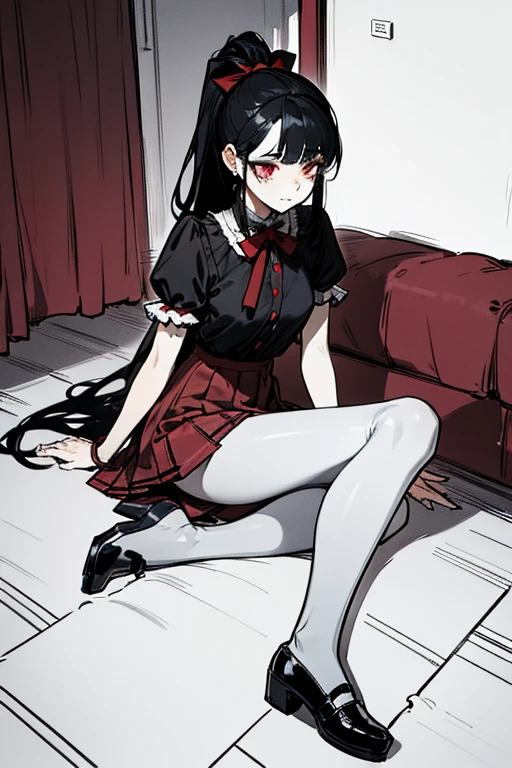 using pantimedies, wavy black hair, piercing look with deep red eyes, average stature, Silky hair with a ponytail hairstyle collected with a red bow with two white lines, with clothes, has a vagina, has breasts, cup of breasts, small breasts, slim, foreground, Session, sitting in her room, sitting on the floor of her room, wearing pantyhose, using pantimedies, Picardias, short skirt, shoes, blouse with straps 