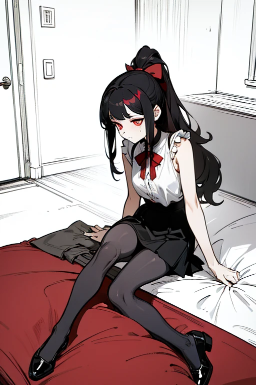 using pantimedies, wavy black hair, piercing look with deep red eyes, average stature, Silky hair with a ponytail hairstyle collected with a red bow with two white lines, with clothes, has a vagina, has breasts, cup of breasts, small breasts, slim, foreground, Session, sitting in her room, sitting on the floor of her room, wearing pantyhose, using pantimedies, Picardias, short skirt, shoes, blouse with straps 