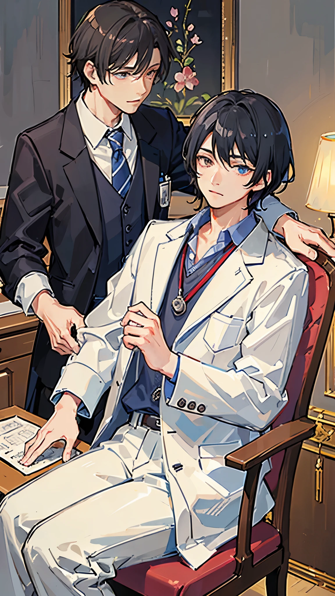 (Highest quality)), ((masterpiece)), (detailed),The background is the bedroom、Doctor in the examination room、Cardiac surgeon、A man around 35 years old、A man with waist-length black hair tied back、Wearing a white lab coat,Eye color is a calm blue、Location: Hospital