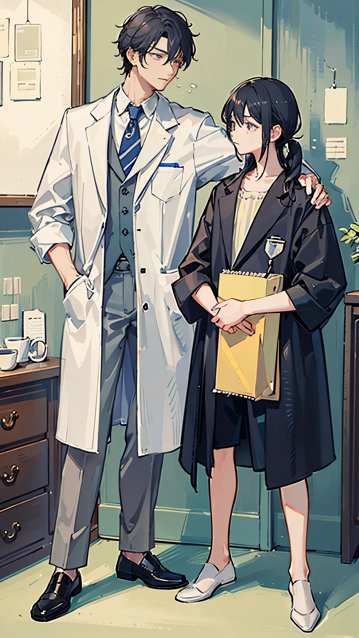 (Highest quality)), ((masterpiece)), (detailed),The background is the bedroom、Doctor in the examination room、Cardiac surgeon、A man around 35 years old、A man with waist-length black hair tied back、Wearing a white lab coat,Eye color is a calm blue、Location: Hospital