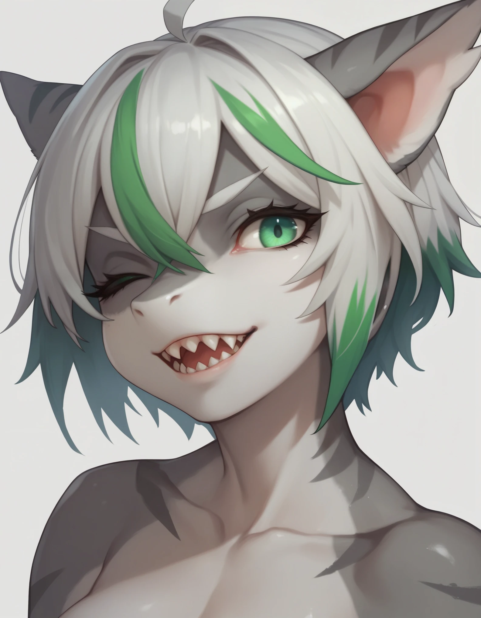 Solo, Score_9, score_8, score_7, kemono style, a cute gray anthro shark girl, shark ears, sharp teeth, green eyes, winking, short white hair, green highlights on hair, naked, athletic body, small little scars on body, grey skin, portrait, close up