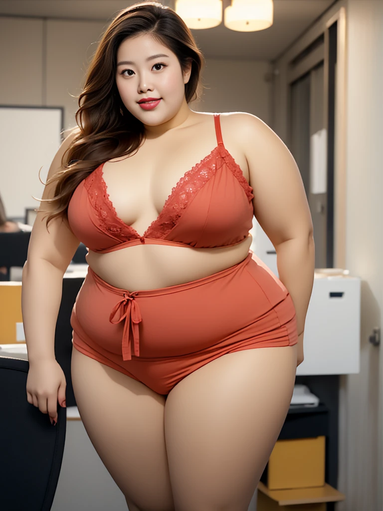 ((masterpiece))、((Realistic depiction))、High resolution、Obese、Solo figure、Japanese women、round face、Super big breasts、J Cup、Height: 175cm、fat girl、short hair、Red lingerie with lace、Wacoal underwear、Red expensive bra、Clear eyes、Thick lips、Expensive panties in red color、Very shy、Smiling、An empty office of a large company , Very big ass, Dimly lit office、She is wearing light brown pumps、Nipples are visible、