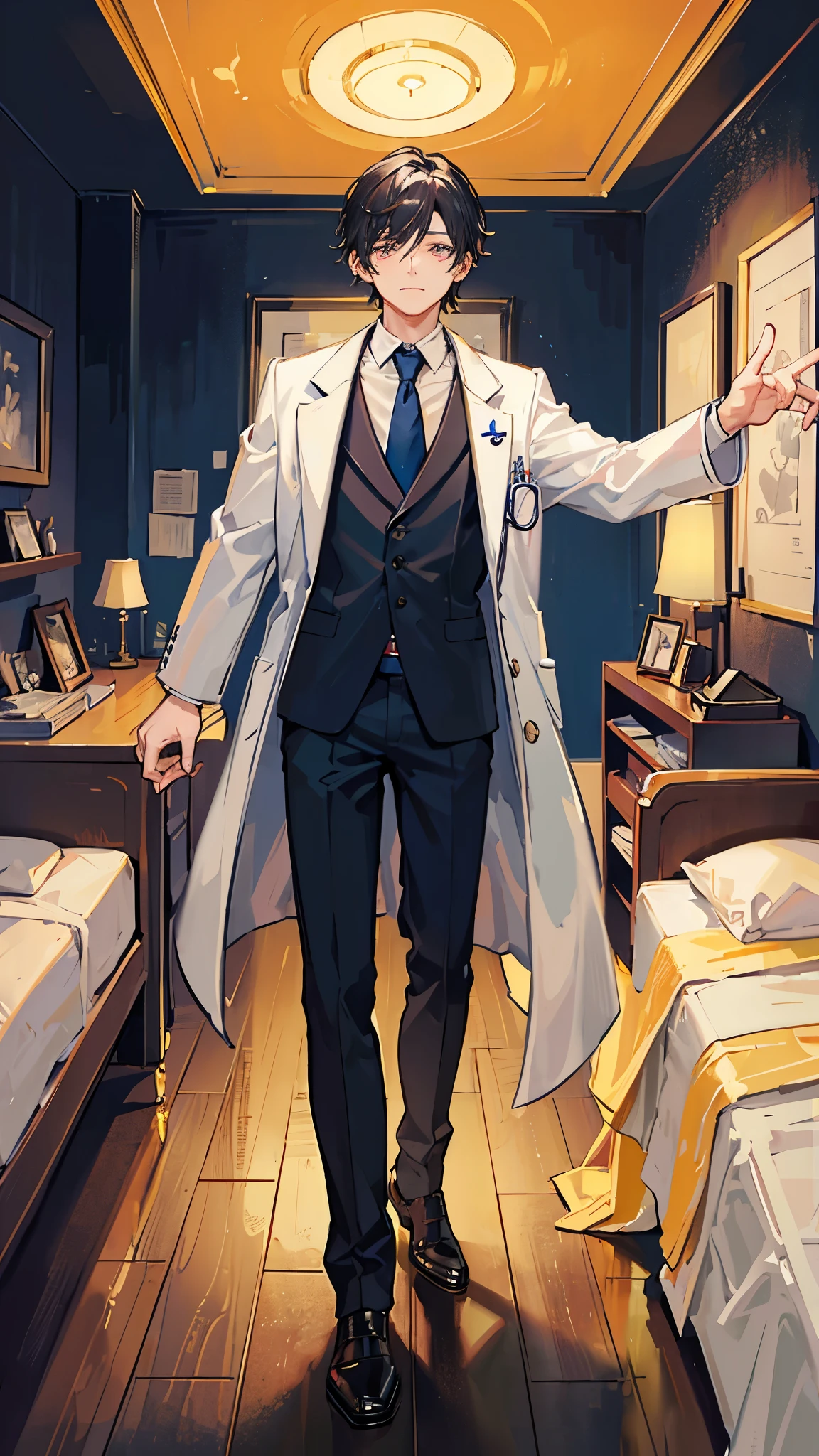 (Highest quality)), ((masterpiece)), (detailed),The background is the bedroom、Doctor in the examination room、Cardiac surgeon、A man around 35 years old、A man with waist-length black hair tied back、Wearing a white lab coat,Eye color is a calm blue、Location: Hospital