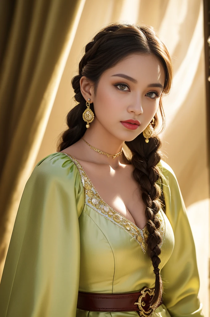 In a 9:16 aspect ratio, a stunning brunette Latina model with short braided hair stands out against a bright yellow backdrop. Dressed in a beautiful white medieval gown with green belt and flower details on the neck, she poses alluringly with piercing brown honey eyes sparkling with happiness. The cinematic lighting mimics an aperture of f/1.4, highlighting her puffy skin texture, highly detailed eyes and face, painted red lips, and subtle eyeliner. She wears a gold bracelet, green choker, earrings, and exudes confidence amidst the soft, warm studio light.