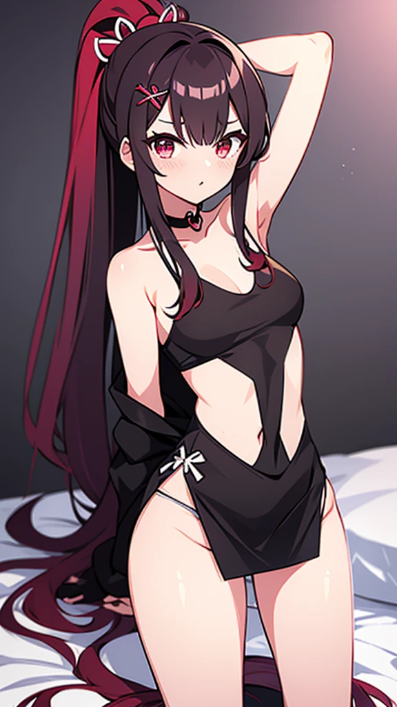 High tail hairstyle, Ponytail hairstyle, Long wavy black hair, standing posing, anime girl style, pixel art anime style,penetrating look with deep eyes,red and purple eyes, hair with a ponytail hairstyle trapped with a big red bun, women, red hair clips, x color shaped hair clips , smiling face blush, next to his bed, lingerie, tank top, Black hair, big thighs,minidress