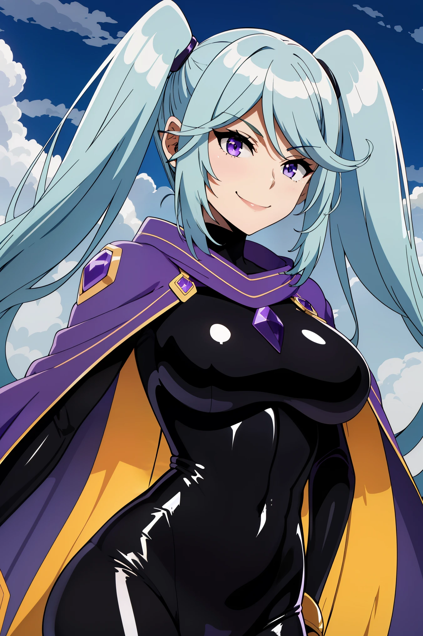 masterpiece, best quality, natural color, 1girl, bangs, blue hair, (shiny black bodysuit:1.5), gold trim, breasts, purple cape, purple eyes, purple gemstones, smile, solo, very long hair, twintails, skintight, toned,
night, outdoors, ((((((dark)))))), clouds, fantasy, town, dimly lit, 