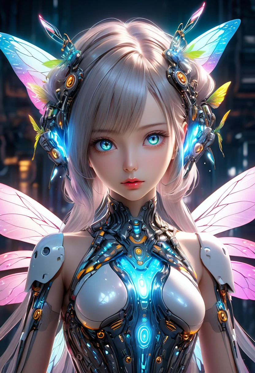 a fairy girl representing evolution and technology, fairy wings, glowing technological circuits, cybernetic implants, ethereal flowing dress, beautiful detailed eyes, beautiful detailed lips, extremely detailed face and skin, long eyelashes, serene expression, (best quality,4k,8k,highres,masterpiece:1.2),ultra-detailed,(realistic,photorealistic,photo-realistic:1.37),digital art, concept art, cinematic lighting, dramatic lighting, vibrant colors, neon colors, glowing elements