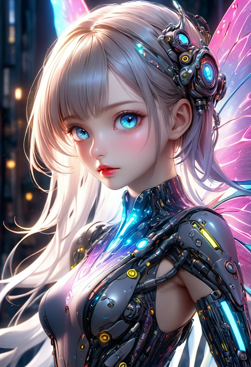 a fairy girl representing evolution and technology, fairy wings, glowing technological circuits, cybernetic implants, ethereal flowing dress, beautiful detailed eyes, beautiful detailed lips, extremely detailed face and skin, long eyelashes, serene expression, (best quality,4k,8k,highres,masterpiece:1.2),ultra-detailed,(realistic,photorealistic,photo-realistic:1.37),digital art, concept art, cinematic lighting, dramatic lighting, vibrant colors, neon colors, glowing elements