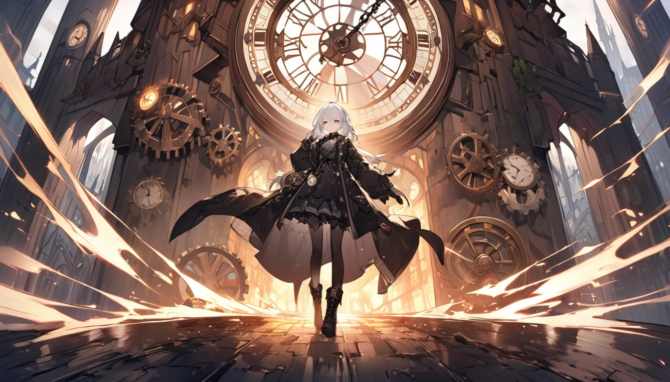 **13. One person。mysterious。White Hair Girl。Detailed Background：Gothic clock tower**
- background: Inside the tower with its giant clock、The sound of gears moving echoes.。
- White Hair Girl: Black coat and boots、He has a pocket watch in his hand。
- Effects: The silver light emitted from the pocket watch、Time energy rising within the tower。
