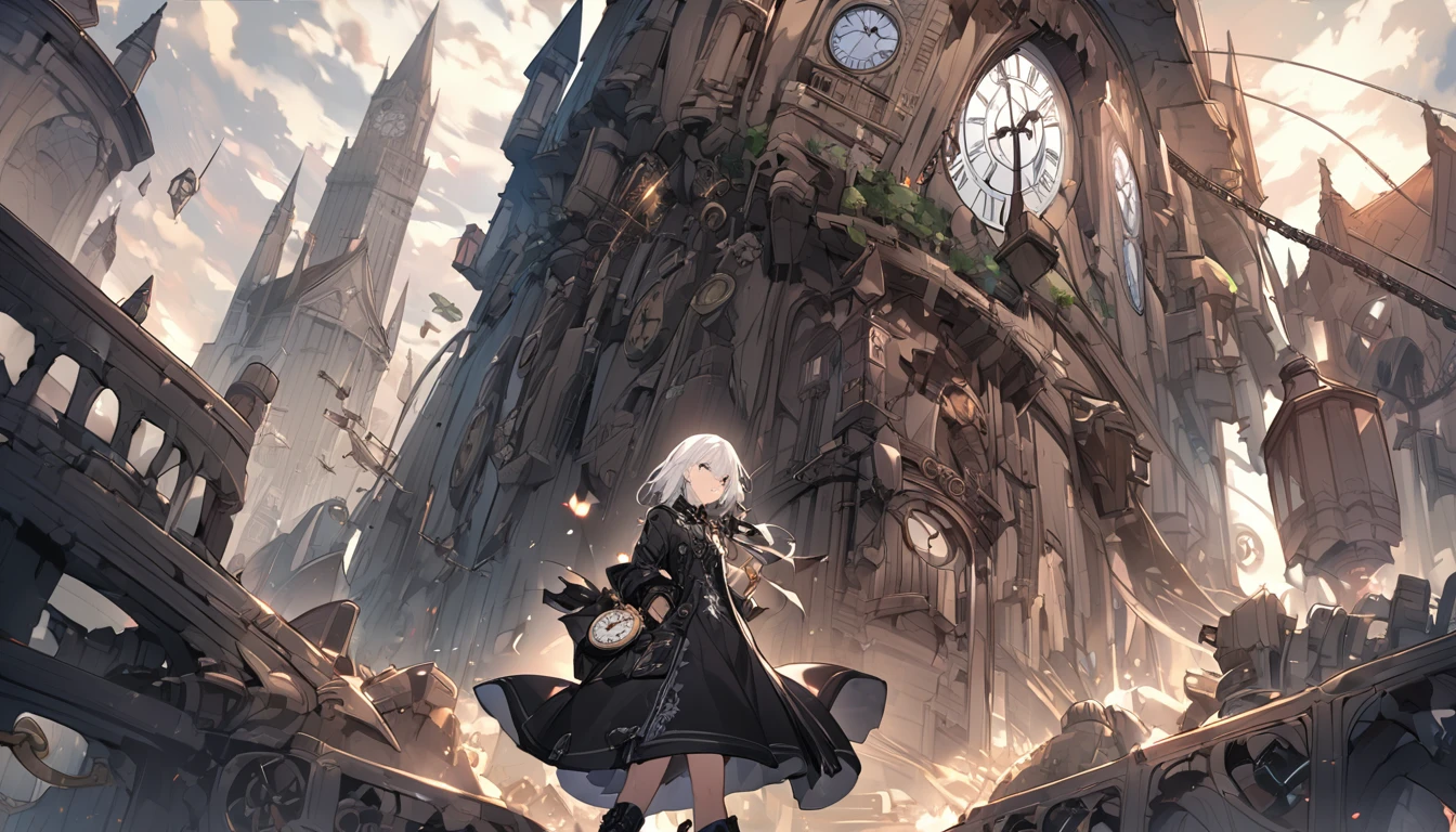 **13. One person。mysterious。White Hair Girl。Detailed Background：Gothic clock tower**
- background: Inside the tower with its giant clock、The sound of gears moving echoes.。
- White Hair Girl: Black coat and boots、He has a pocket watch in his hand。
- Effects: The silver light emitted from the pocket watch、Time energy rising within the tower。
