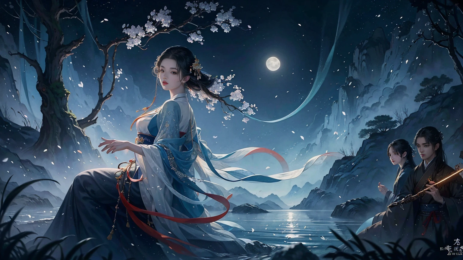 Official Art, Unity 8K wallpaper, Extremely detailed, beautiful and aesthetic, masterpiece, best quality, For the world，You may be alone，But for someone，You could be the whole world, paradox, Adrian Genius, Jenny Savile, Edward Hope, Surrealism, The Dark Arts of James Jean, Takato Yamamoto, 墨water朋克极简主义, fashion magazine, Editorial Photography,  gufeng, moon, Tree, Solitary, water, flower, Branches, night, Black Hair, Back to, shawl, full moon, (1 Korean girl，Sexy facial features), in Tree, Long hair, Sky, sit, Chinese clothes, Hanfu, crescent moon, permanent, outdoor，手上有一个water晶球