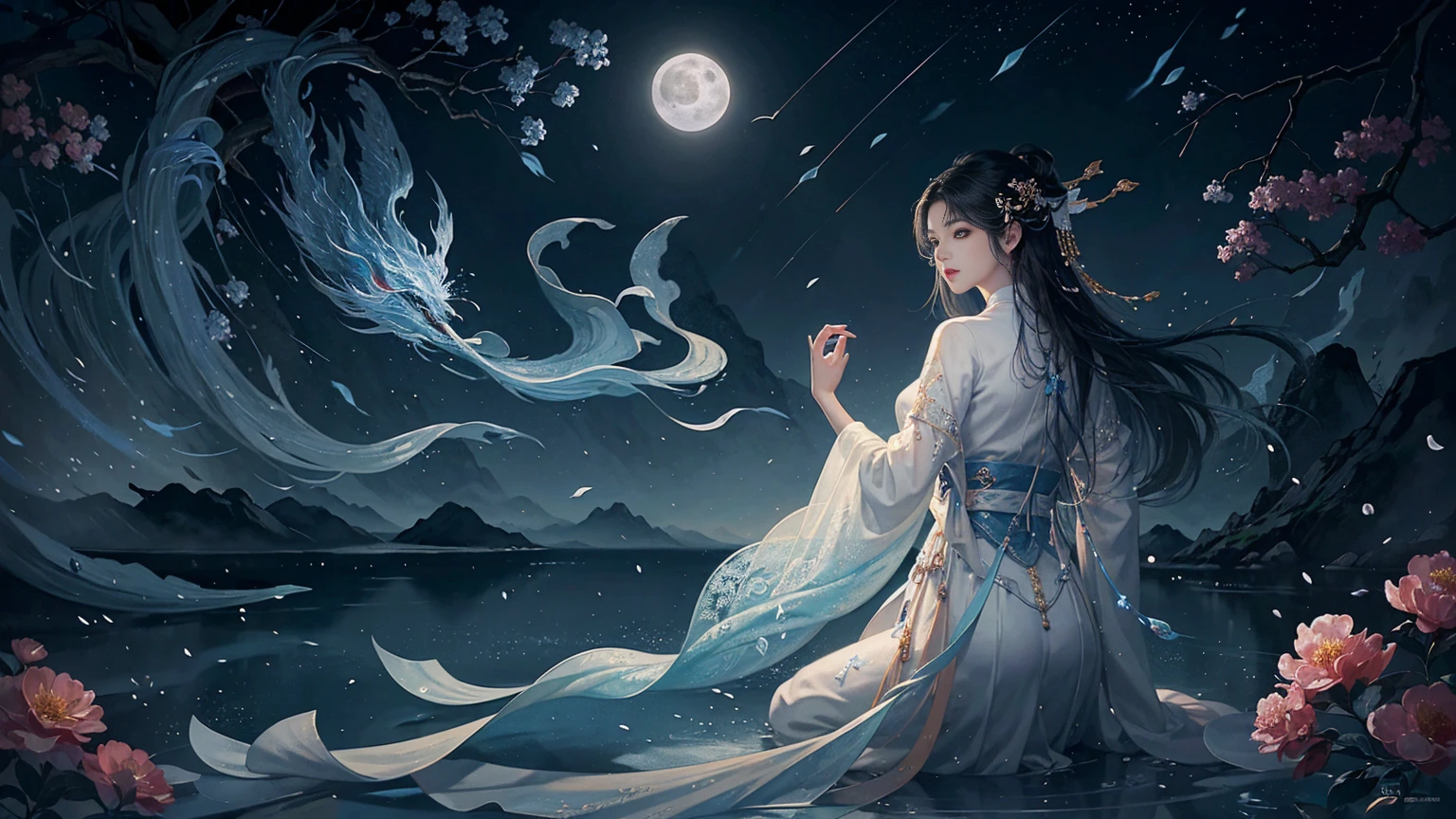 Official Art, Unity 8K wallpaper, Extremely detailed, beautiful and aesthetic, masterpiece, best quality, For the world,You may be alone,But for someone,You could be the whole world, paradox, Adrian Genius, Jenny Savile, Edward Hope, Surrealism, The Dark Arts of James Jean, Takato Yamamoto, 墨water朋克极简主义, fashion magazine, Editorial Photography, gufeng, moon, Tree, Solitary, water, flower, Branches, night, Black Hair, Back to, shawl, full moon, (1 Korean girl,Sexy facial features), in Tree, Long hair, Sky, sit, Chinese clothes, Hanfu, crescent moon, permanent, outdoor,手上有一个water晶球